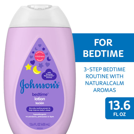 Johnson's Moisturizing Bedtime Baby Lotion with Coconut Oil & NaturalCalm Aromas to Help Relax Baby, Hypoallergenic & Free of Parabens, Phthalates & Dyes, Mild Baby Skin Care, 13.6 fl. oz