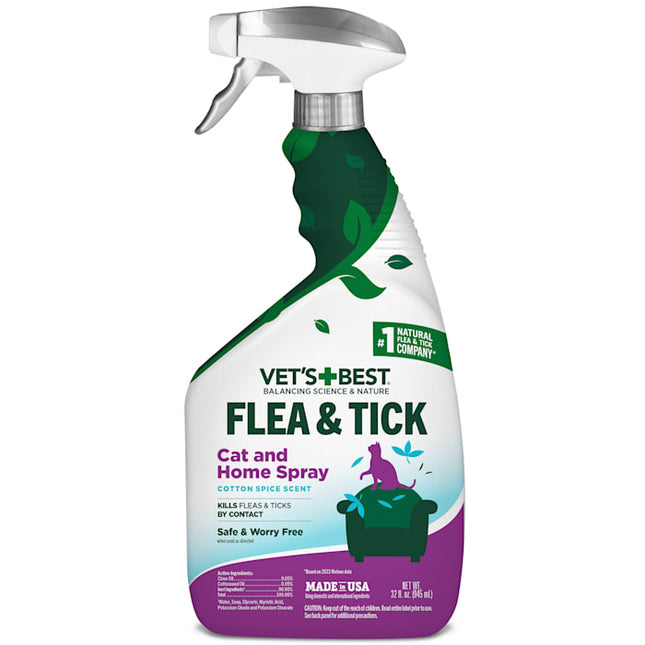 Vet's Best Natural Cat Flea & Tick Home Spray – Natural Plant-Based Pest Control with Cotton Spice Scent – Indoor Mist Flea Treatment for Cats – Safe & Gentle Formula Made in USA – 32 oz