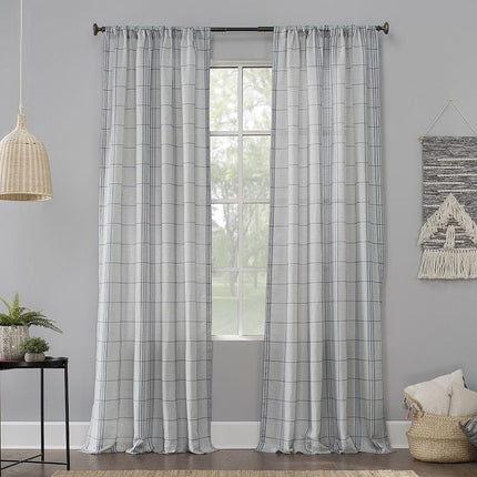 63"x54" Castille Farmhouse Plaid Beige Semi-Sheer Rod Pocket Curtain Panel Blue/Beige - No. 918