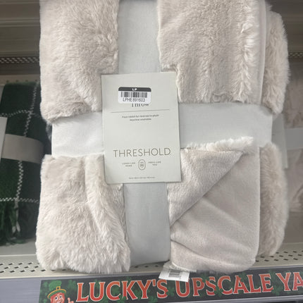 Faux Rabbit Fur Reversible Throw Blanket Neutral - Threshold: Soft, Cozy, Midweight, Machine Washable