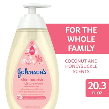 Johnson's Baby Skin Nourish Baby Moisture Wash + Coconut & Honeysuckle Scents Cleanses & Leaves Skin Moisturized, Hypoallergenic Body Wash, Baby Bath Essential, Sulfate-Free, 20.3 fl. oz