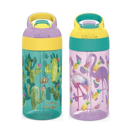 Zak Designs 16oz Riverside Desert Life Kids Water Bottle with Straw and Built in Carrying Loop Made of Durable Plastic, Leak-Proof Design for Travel, Cactus-Flamingo Pineapple, 2PK Set Cactus-Flamingo Pineapple