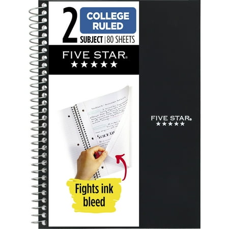 Five Star Spiral Notebook, 2 Subject, College Ruled Paper, 6" x 9-1/2", 80 Sheets, Fights Ink Bleed, Water Resistant Cover, Black (840029AA2-ECM)