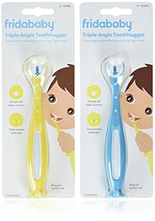 Frida Baby Triple-Angle Toothhugger Training Toddler Toothbrush | Toddler Toothbrush 2 Years and Up, Cleans All Sides at Once | 2 Pack (Yellow + Blue)