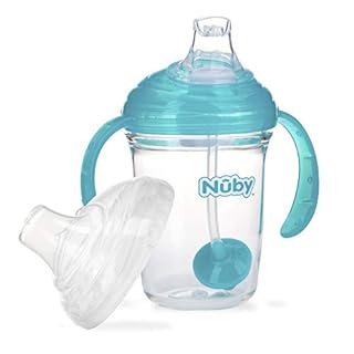 Nuby No Spill 360 Weighted Straw Grip N' Sip Tritan Cup with Hygienic Cover, 8 Oz, Trainer Cup, Teal Blue
