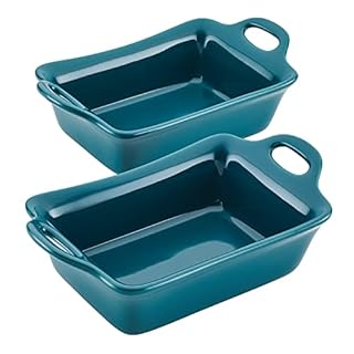 Rachael Ray Solid Glaze Ceramics Au Gratin Bakeware/Baker Set, Rectangular, 2 Piece, Teal Teal