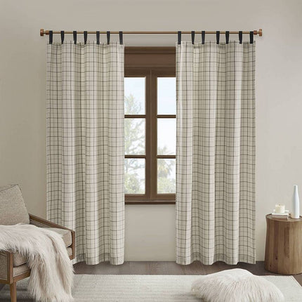 50"x84" Madison Park Light Filtering Preston Plaid Faux Leather Tab Top Curtain Panel with Fleece Lining: Thermal Insulated