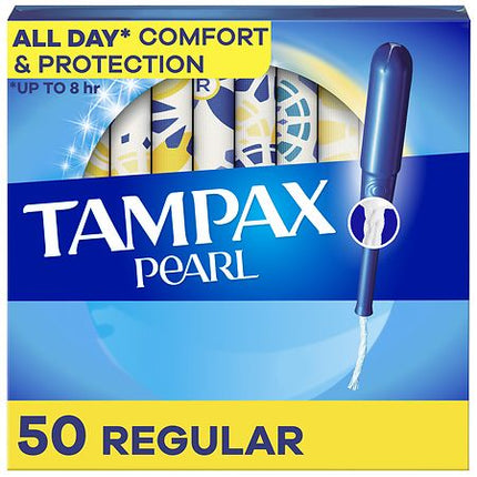Tampax Pearl Tampons Regular Absorbency, With Leakguard Braid, Unscented, 50 Count (Packaging May Vary)