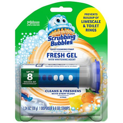 Scrubbing Bubbles Fresh Gel Toilet Bowl Cleaning Stamps, Helps Keep Toilet Clean and Helps Prevent Limescale & Rings, Citrus Scent, 1 Dispenser with 6 Fresh Gel Stamps