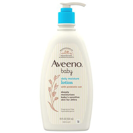 Aveeno Baby Daily Moisture Body Lotion for Sensitive Skin, Hypoallergenic Moisturizing Baby Lotion with Nourishing Oatmeal to Deeply Moisturize Baby's Skin, Fragrance-Free, 18 fl. oz