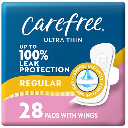 Carefree Ultra Thin Pads for Women, Regular Pads with Wings, 28ct