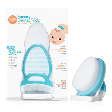 Frida Baby The 3-Step Cradle Cap System, DermaFrida The FlakeFixer, Sponge, Brush, Comb and Storage Stand for Babies with Cradle Cap, White-Blue