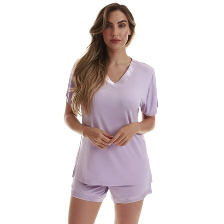 #followme Ultra Soft Shirt with Satin V-Neck Trim (Lilac With Satin Trim, Large)