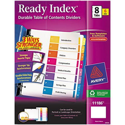 Avery 8 Tab Dividers for 3 Ring Binders, Customizable Table of Contents, Multicolor Tabs, 6 Sets (11186)