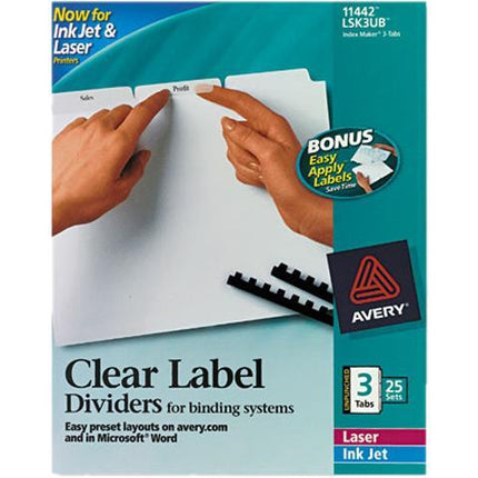 Avery 3-Tab Unpunched Dividers for Use with Any Binding System, Easy Print & Apply Clear Label Strip, Index Maker Customizable White Tabs, 25 Sets (11442)
