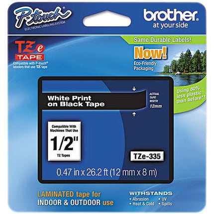 Brother Genuine P-touch TZE-335 Label Tape, 1/2" (0.47") Standard Laminated P-touch Tape, White on black, Laminated for Indoor or Outdoor Use, Water Resistant, 26.2 Feet (8M), Single-Pack