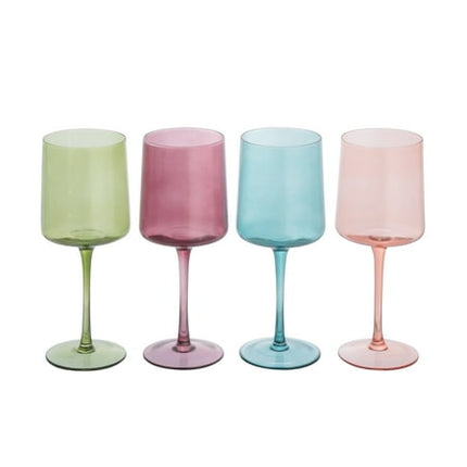 Creative Co-Op Hand Blown Stemmed Wine Glasses, 14 Ounces, 4 Assorted Colors Glassware, Multi Green, Rose, Teal, Pink