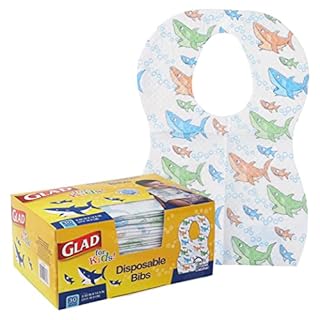 Glad for Kids Shark Disposable Paper Bibs with Crumb Catcher for Feeding - Absorbent and Leakproof Eating and Travel Essentials for Mess-Free Meals, 30 Count