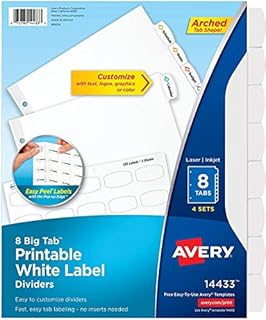 Avery Big Tab Printable White Label Dividers with Easy Peel, 8 Tabs, 4 Sets (14433)