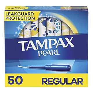 Tampax Pearl Tampons Regular Absorbency, With Leakguard Braid, Unscented, 50 Count (Packaging May Vary)