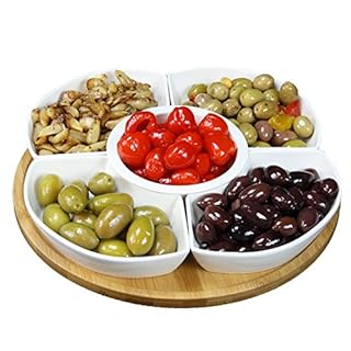 Elama Signature Appetizer and Condiment Server Set 5 Dishes and 1 Lazy Suzan Serving Tray, 6 Piece, White Stoneware and Natural Bamboo White Stoneware and Natural Bamboo