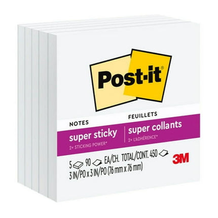 Post-it Super Sticky Notes, 5 Sticky Note Pads, 3 x 3 in., School Supplies, Office Products, Sticky Notes for Vertical Surfaces, Monitors, Walls and Windows, First Snow White