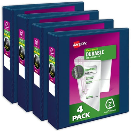 4 Pack - Avery Durable View 3 Ring Binders, 2.5 Inch Slant Rings, 530-Sheet Capacity, DuraHinge, 2.8 Inch Wide Spine, Customizable Clear Covers and Spine, Dark Blue Binders