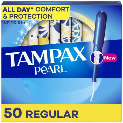 Tampax Pearl Tampons Regular Absorbency, With Leakguard Braid, Unscented, 50 Count (Packaging May Vary)