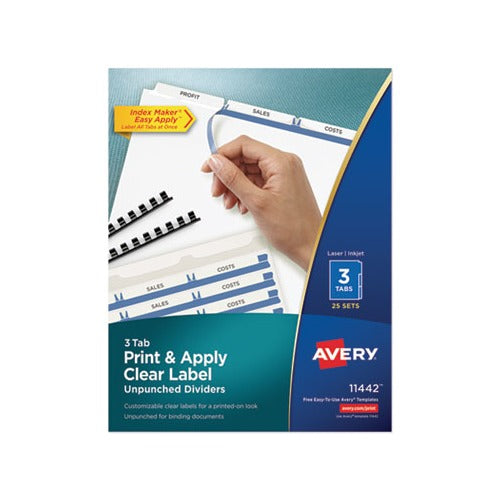 Avery 3-Tab Unpunched Dividers for Use with Any Binding System, Easy Print & Apply Clear Label Strip, Index Maker Customizable White Tabs, 25 Sets (11442)