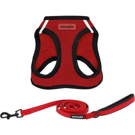 Voyager Step-in Air All Weather Mesh Harness and Reflective Dog 5 ft Leash Combo with Neoprene Handle, for Small, Medium and Large Breed Puppies by Best Pet Supplies - Red/Black Trim, Medium