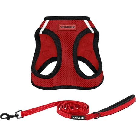 Voyager Step-in Air All Weather Mesh Harness and Reflective Dog 5 ft Leash Combo with Neoprene Handle, for Small, Medium and Large Breed Puppies by Best Pet Supplies - Red/Black Trim, Medium