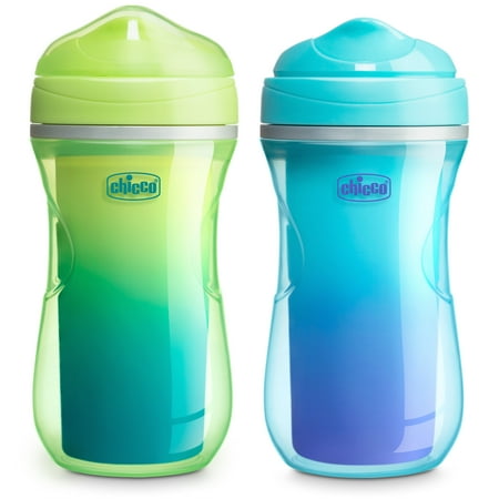 Chicco Double-Wall Insulated Sippy Cup with Bite-Proof Rim Spout and Spill-Free Lid 9oz. | Top-Rack Dishwasher Safe | Easy to Hold Ergonomic Indents | Green/Teal Ombre, 2pk | 12+ months Green