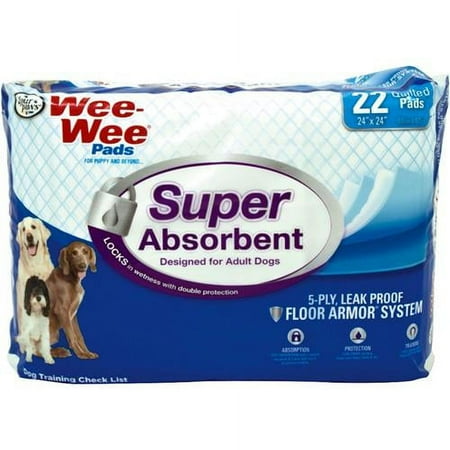 Four Paws Wee-Wee Super Absorbent Unscented Pee Pads for Dogs & Puppies with Insta-Rise Border, Leak-Proof Dog Housebreaking Potty Training Floor Protection, 24" x 24", 22 Count