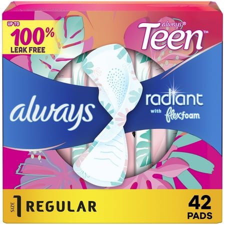 Always Radiant Teen Feminine Pads with FlexFoam, Size 1, Regular, with Wings, Unscented, 42 CT