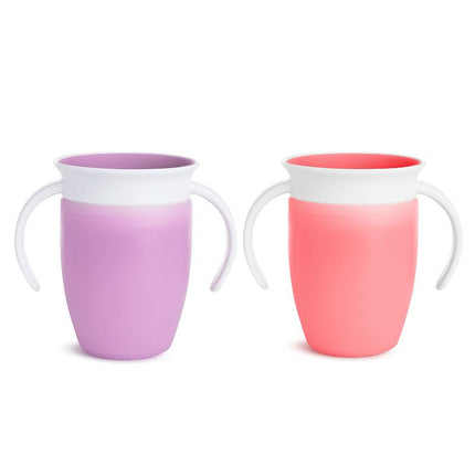 Munchkin Sippy Cup for 6 Month Old and Up, Spill Proof Miracle 360 Toddler Cups with Transition Handles, 7 Ounce, 2 Pack, Pink/Purple Pink