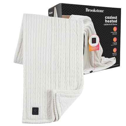 Brookstone Heated Coziest Faux Fur Sweater Knit Throw Ivory