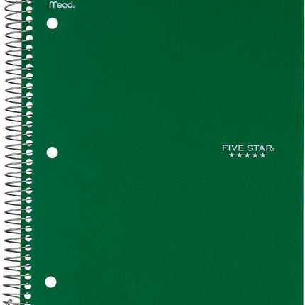 Five Star Spiral Notebook + Study App, 5 Subject, College Ruled Paper, 8-1/2" x 11", 200 Sheets, Fights Ink Bleed, Water Resistant Cover, Forest Green (72079)