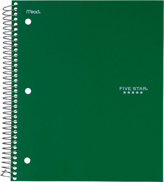 Five Star Spiral Notebook + Study App, 5 Subject, College Ruled Paper, 8-1/2" x 11", 200 Sheets, Fights Ink Bleed, Water Resistant Cover, Forest Green (72079)