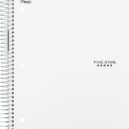 Five Star Spiral Notebook + Study App, 5 Subject, College Ruled Paper, 8-1/2" x 11", 200 Sheets, Fights Ink Bleed, Water Resistant Cover, White (72460)