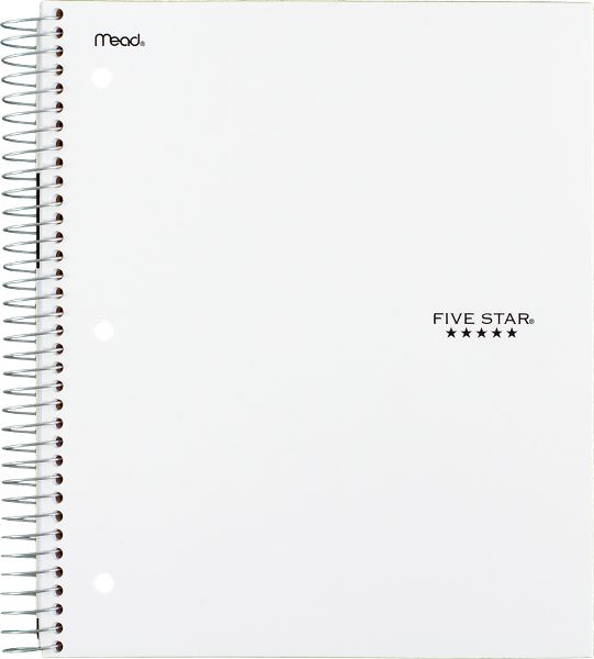 Five Star Spiral Notebook + Study App, 5 Subject, College Ruled Paper, 8-1/2" x 11", 200 Sheets, Fights Ink Bleed, Water Resistant Cover, White (72460)