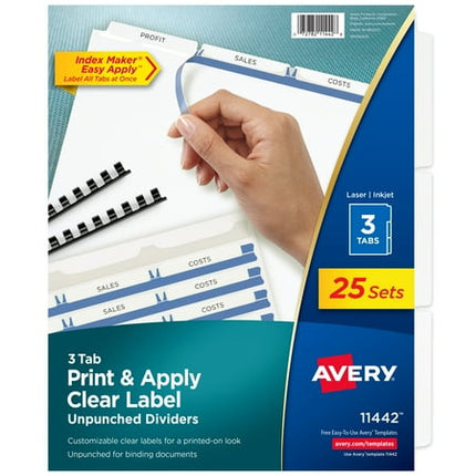Avery 3-Tab Unpunched Dividers for Use with Any Binding System, Easy Print & Apply Clear Label Strip, Index Maker Customizable White Tabs, 25 Sets (11442)