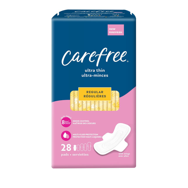 Carefree Ultra Thin Pads for Women, Regular Pads with Wings, 28ct