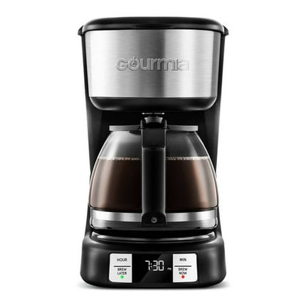 Gourmia GCM3518 5-Cup Programmable Drip Coffee Maker, Brew Later Timer, Adjustable 4-Hr Keep Warm, Pause & Serve, Freshness Timer, 700 W Compact Glass Carafe, EZ-View Water Window Black, Stainless Steel