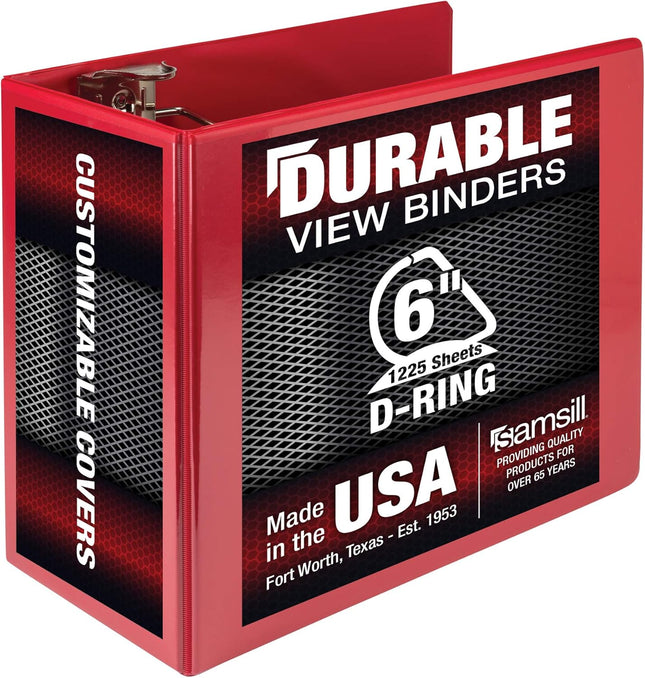 Samsill 6 Inch Durable View Binder With Locking D-Rings, Red