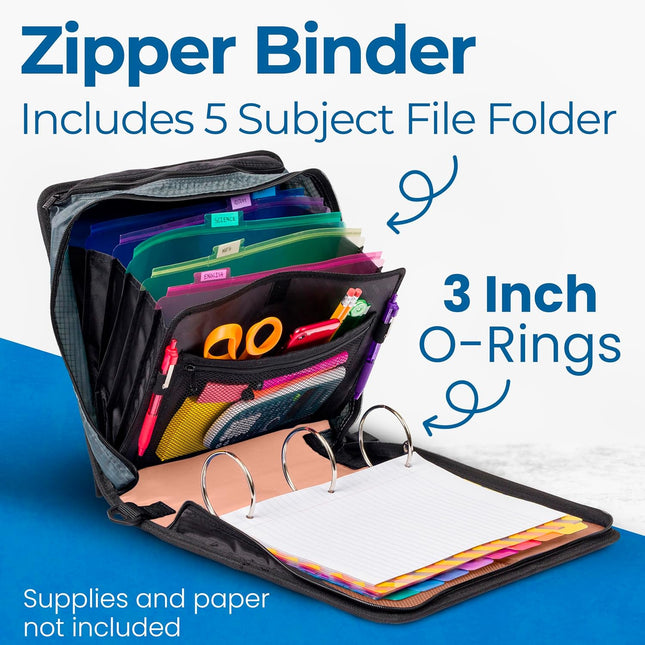 Case-it Mighty Zip Tab 3-Inch Zipper Binder with Expanding File