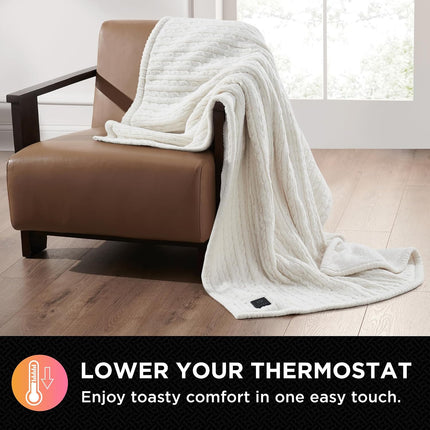 Brookstone Heated Coziest Faux Fur Sweater Knit Throw Ivory