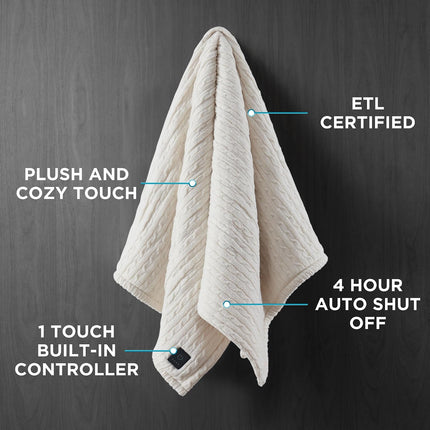 Brookstone Heated Coziest Faux Fur Sweater Knit Throw Ivory