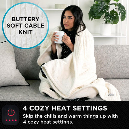 Brookstone Heated Coziest Faux Fur Sweater Knit Throw Ivory