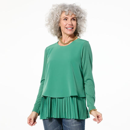 DG2 by Diane Gilman Long-Sleeve Pleated Peplum Easy Top - Silky Crepe Knit