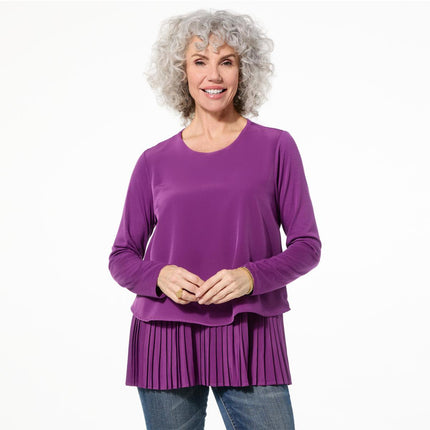 DG2 by Diane Gilman Long-Sleeve Pleated Peplum Easy Top - Silky Crepe Knit